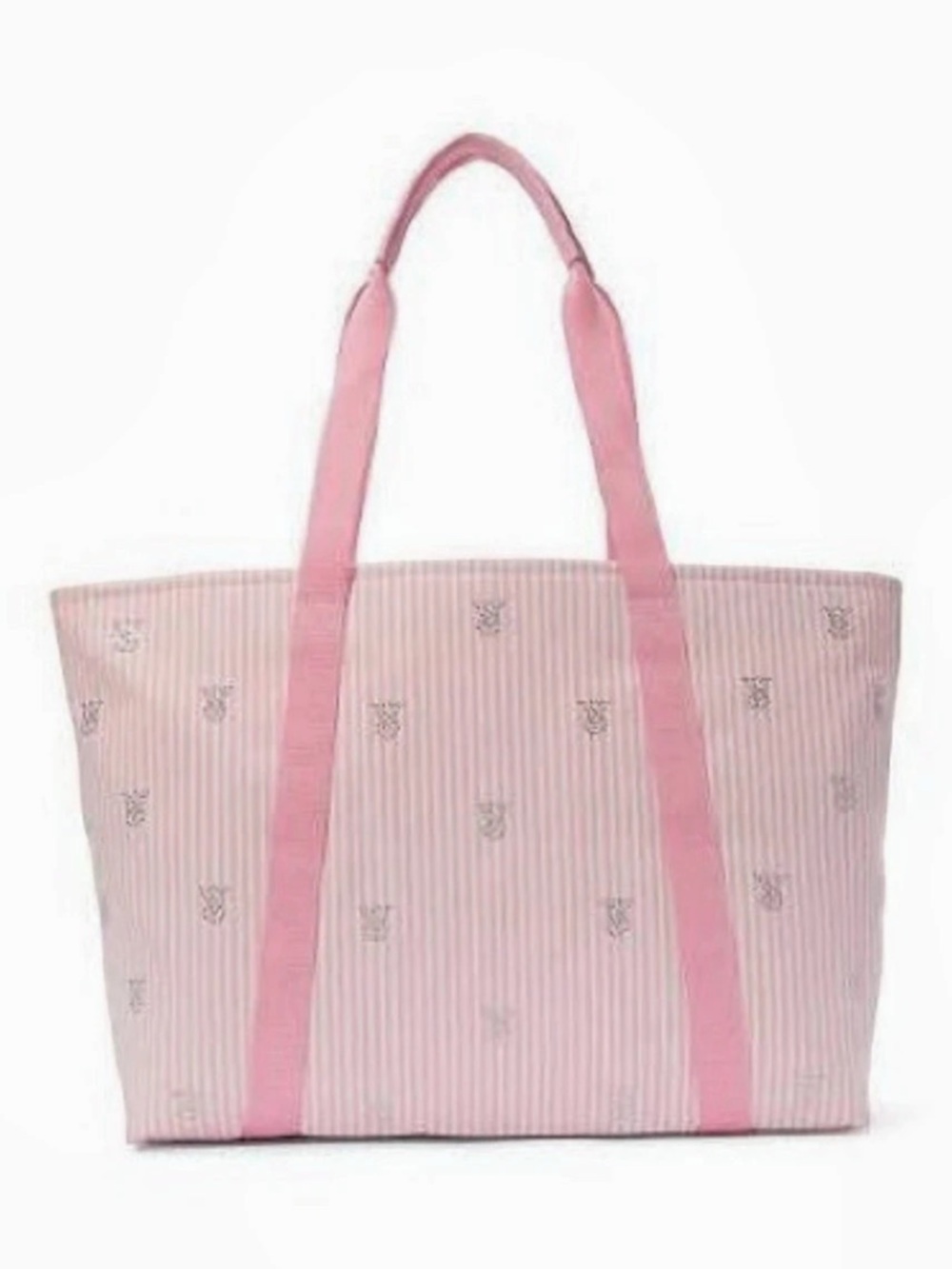 Victoria's Secret Heritage Pink Stripe Rhinestone Logo Tote Bag in Pink & White